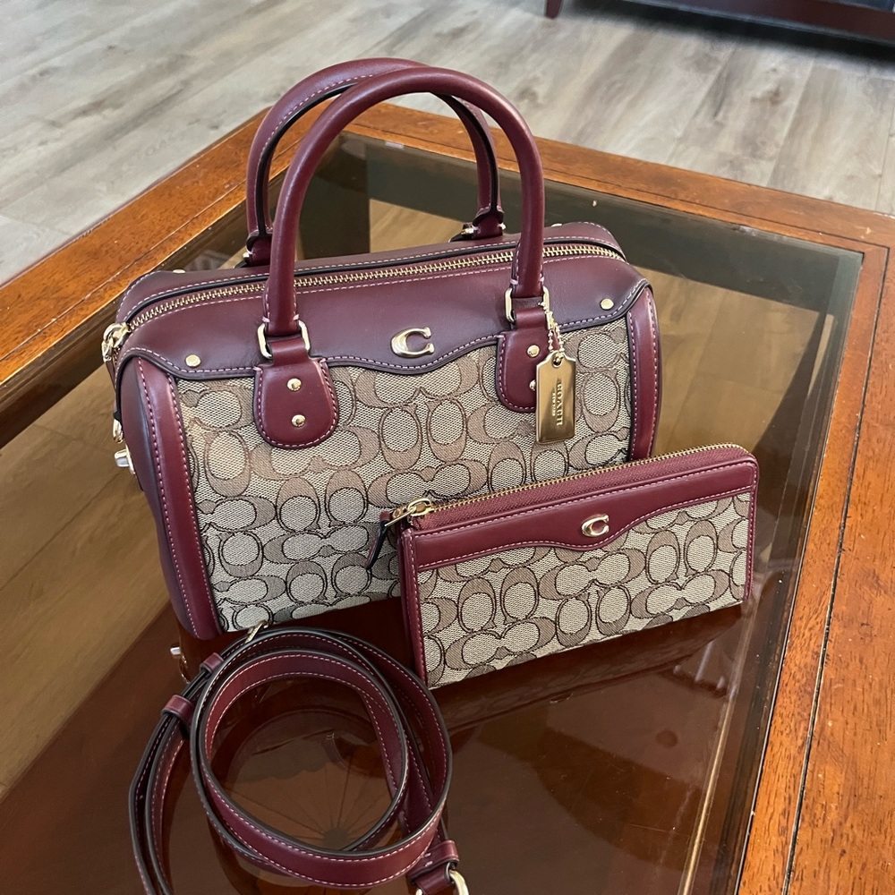 Coach Mini Bennett Elegant Burgundy and Beige Designer bag Set Limited Edition